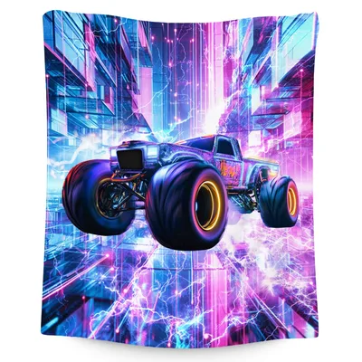 Monster Truck Neon City Blanket: Futuristic Off-Road Art