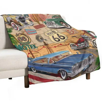 Vintage Car Route 66 Blanket: Classic American Road Trip Design