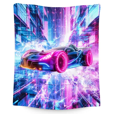 Neon Sports Car City Blanket: Futuristic Racing Art for Gamers