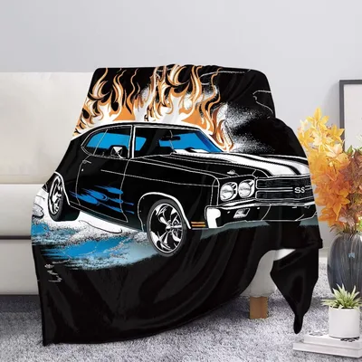 Muscle Car with Flames Blanket: Black SS Hot Rod Design