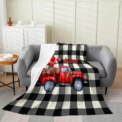 Red Truck Buffalo Plaid Blanket: Rustic Vintage Truck with Love Print