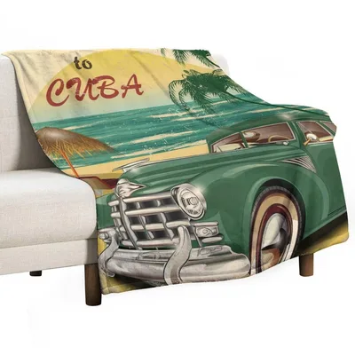 Vintage Green Car Beach Watercolor Blanket