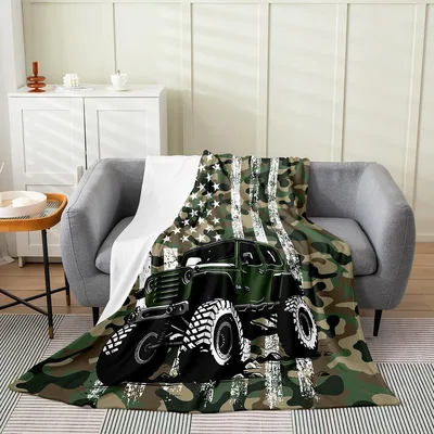Off Road Vehicle Camo Blanket: Green Monster Truck with Flag Design