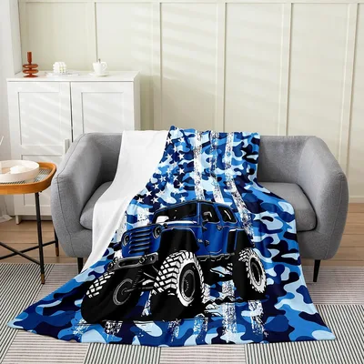 Blue Camo Monster Truck Blanket: Off-Road Vehicle Design