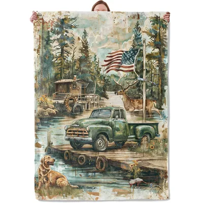 Vintage Truck in Cabin Blanket: Rustic Forest Scene with Deer and Flag