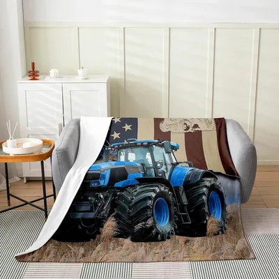 Blue Tractor with American Blanket Featuring a Rustic Farm Design