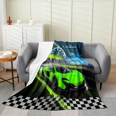 Green Sports Car Blanket: Racing Dashboard and Checkered Flag Design