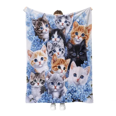 Blue Flowers Kittens Blanket for Cat Lovers
