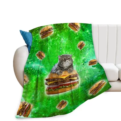 Space Cat Blanket: A Cat Riding a Burger Through Green Space