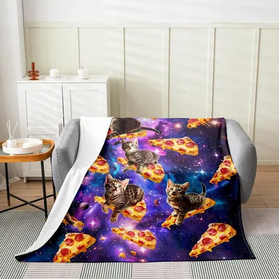 Cat Pizza Blanket: Kittens Riding Pepperoni Slices Through Space