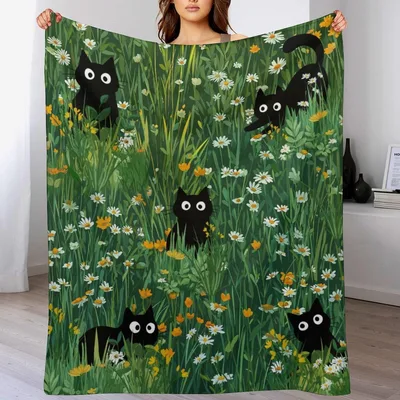 Daisy Meadow Cats Blanket: Black Cats in Wildflowers