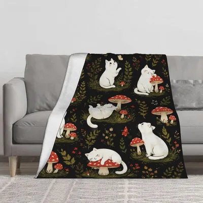 White Cat Blanket with Red Mushrooms on Black