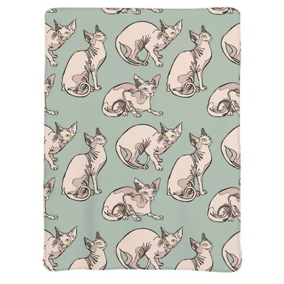 Sphynx Cat Pattern Blanket: Hairless Feline Art on Mint Green