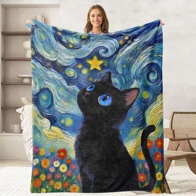 Starry Night Cat Blanket: Black Cat Gazing at the Sky