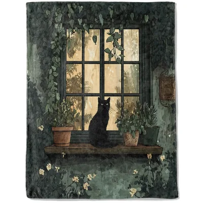 Cat Window Blanket: A Black Cat by a Sunlit Pane