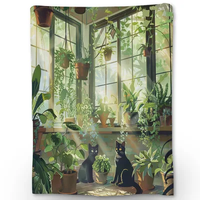 Black Cats Plants Blanket: A Sunlit Greenhouse Scene