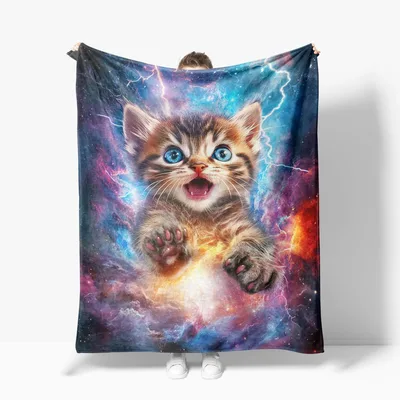 Cosmic Kitten Blanket: A Wide-Eyed Kitten in a Galaxy