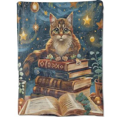Book Lover Cat Blanket: Starry Night Kitten on Books