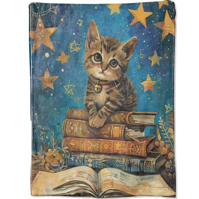 Kitten Reading Books Blanket: Starry Night Cat Throw