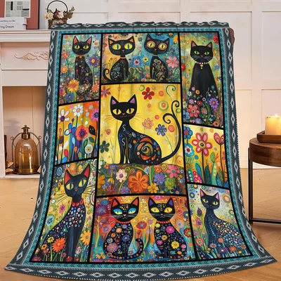 Black Cat Folk Art Blanket: Colorful Floral Feline Collage