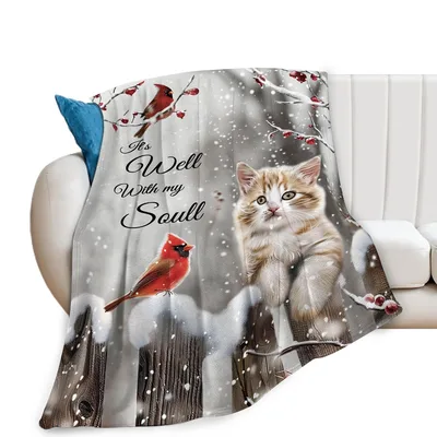 Winter Kitten Blanket with Cardinals and Soulful Words