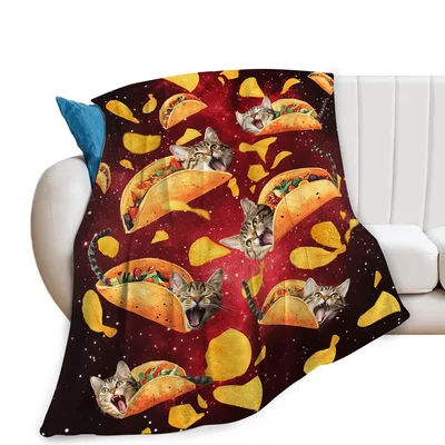 Tacos in Space Blanket: Cats Floating Through a Red Galaxy