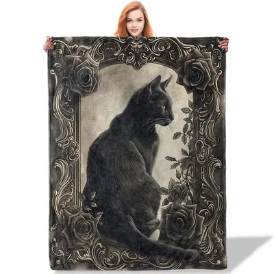 Black Rose Blanket: Gothic Black Cat and Vintage Floral Frame Design