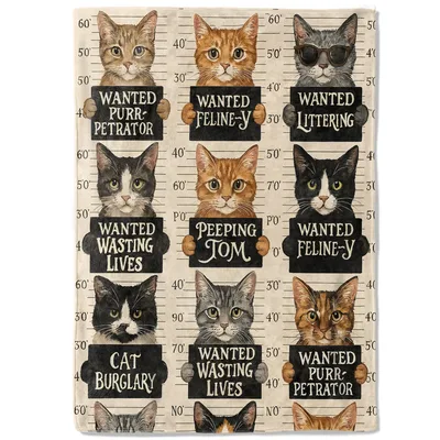 Cat Mugshot Blanket: A Lineup of Wanted Felines