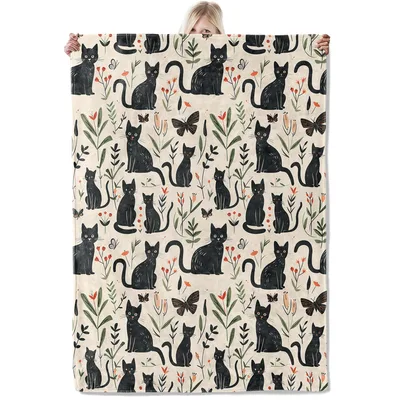 Botanical Cat Blanket with Black Cats and Wildflowers