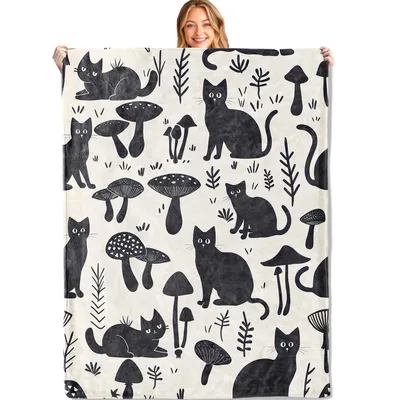 Black Cat Mushroom Pattern Blanket for Cat Lovers