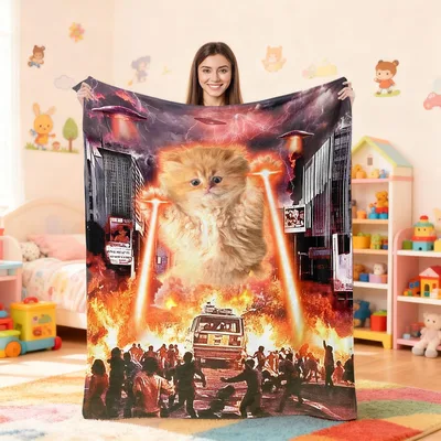 Giant Cat UFO City Blanket: Fluffy Monster Laser Attack Design