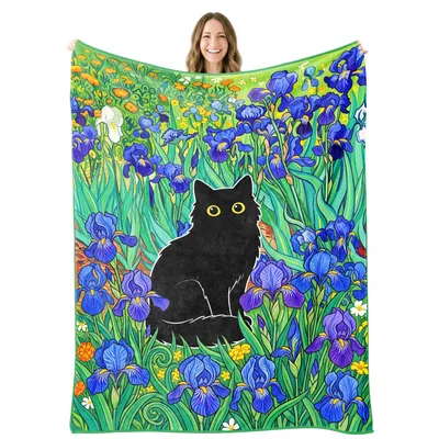 Iris Garden Blanket: A Black Cat Among Blue Flowers