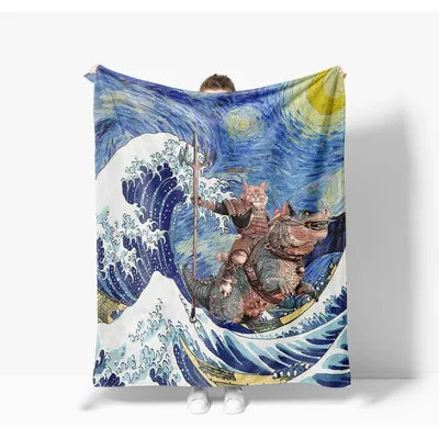 Samurai Cat Blanket: Starry Night Waves and a Cat Warrior