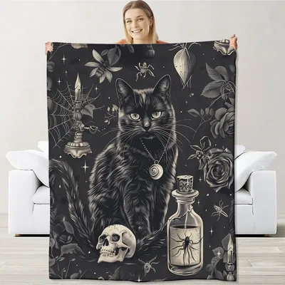 Witchy Cat Blanket with Skulls, Spiders and Roses