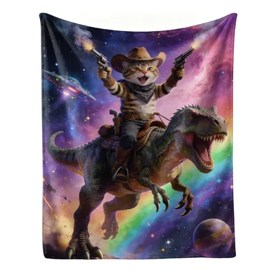 Cat Cowboy Dinosaur Blanket: Space Western Cat Art