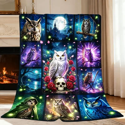 Mystical Owls Under Blanket: Moonlit Night Throw