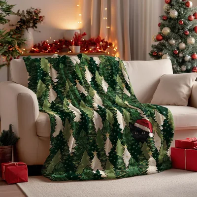 Christmas Cat Lover Blanket: Black Cat in Evergreens