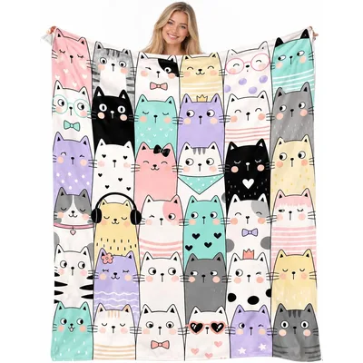 Cute Cat Pattern Blanket: A Colorful Grid of Cartoon Felines