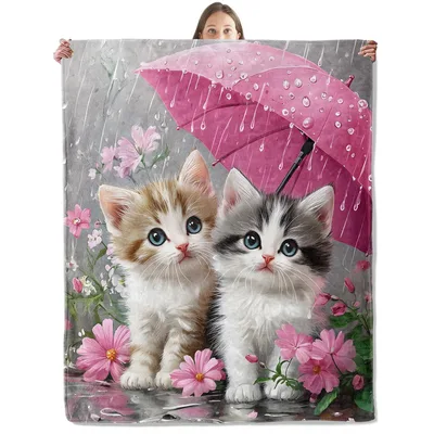 Kittens Pink Umbrella Flowers Blanket: Cozy Cat Art for Rainy Days