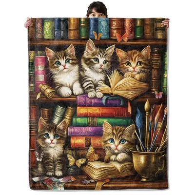 Cat Reading Books Blanket: Kittens Among the Library Shelves