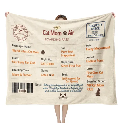 Cat Mom Boarding Pass Blanket: First Class Love for Feline Lovers