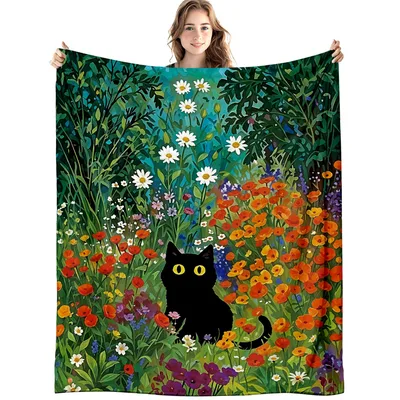 Black Cat in Wildflower Blanket for Cat Lovers