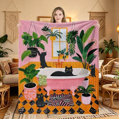 Cat Bathroom Blanket: Black Cats in a Pink Tub