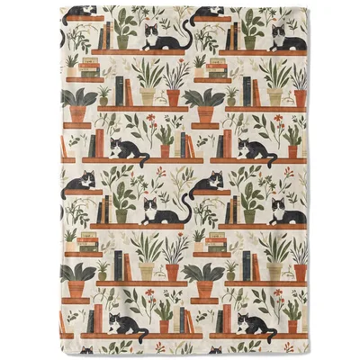 Tuxedo Cat Blanket with Books and Plants Pattern