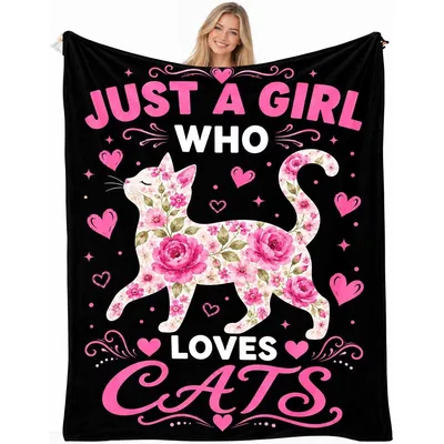 Floral Kitty Lover Black Blanket for Cat Fans