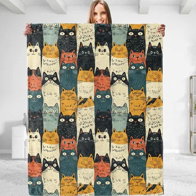 Grid of Cartoon Cats Blanket for Cat Lovers