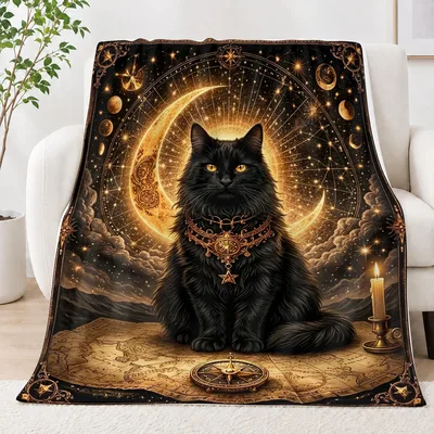 Celestial Cat Blanket: Black Cat, Moon and Stars Throw