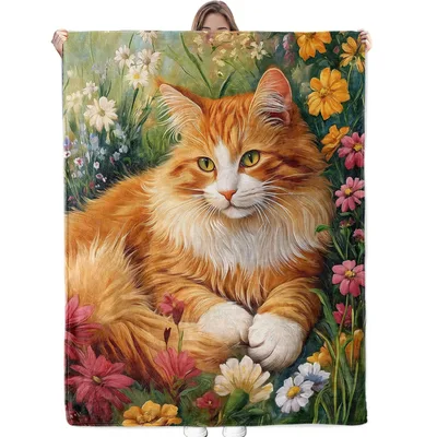 Orange Cat Wildflowers Blanket: A Cozy Cat Lover Throw