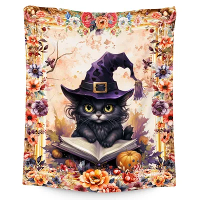 Witch Cat Blanket: A Black Cat Reading in a Witch Hat