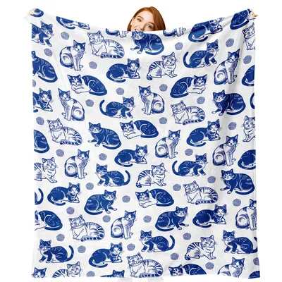 Cat Pattern Blanket: Blue Feline and Yarn Ball Design